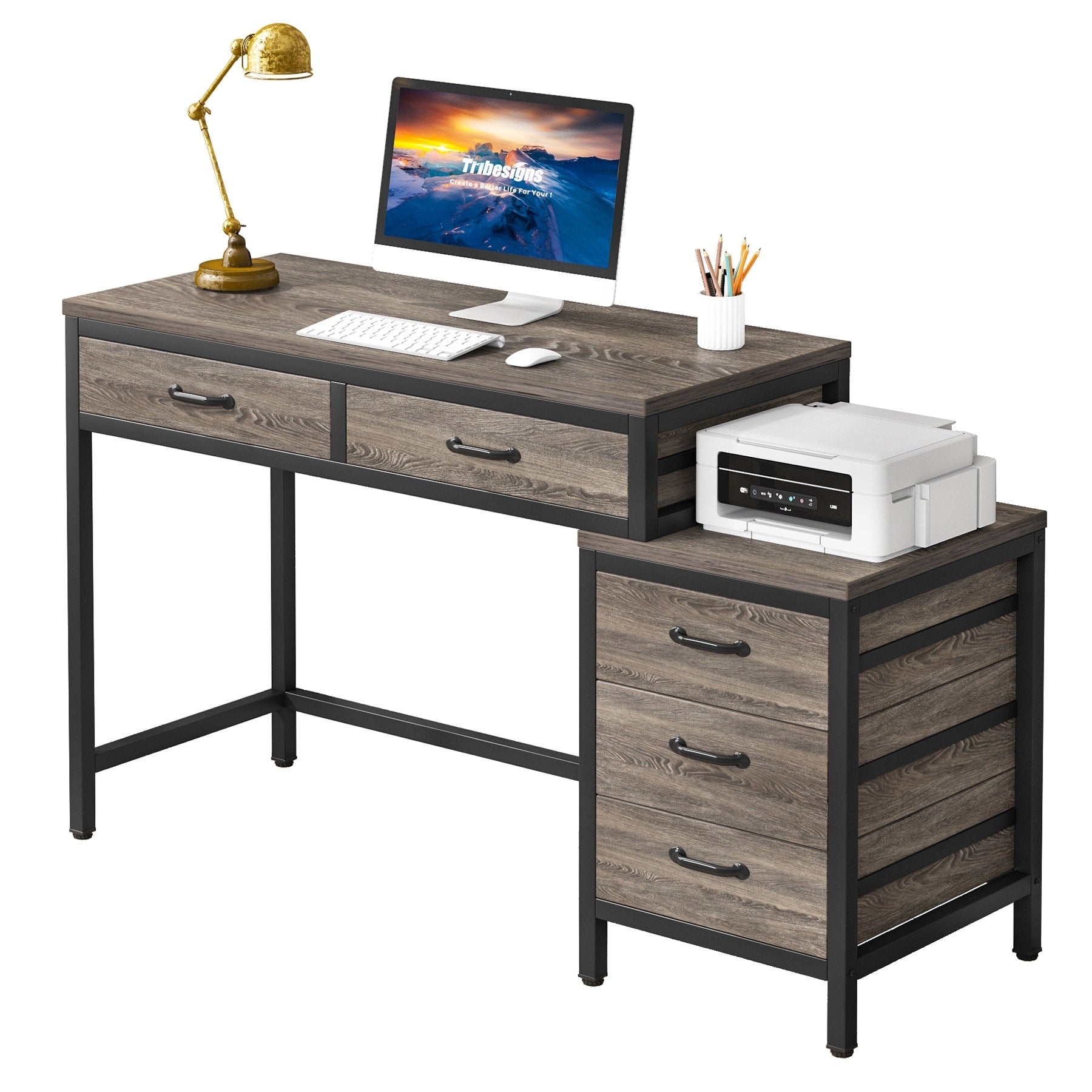 Bureau d'ordinateur réversible avec 5 tiroirs, bureau à domicile avec classeur, tiroir et support d'imprimante