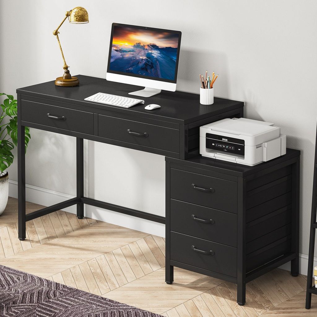 Bureau d'ordinateur réversible avec 5 tiroirs, bureau à domicile avec classeur, tiroir et support d'imprimante