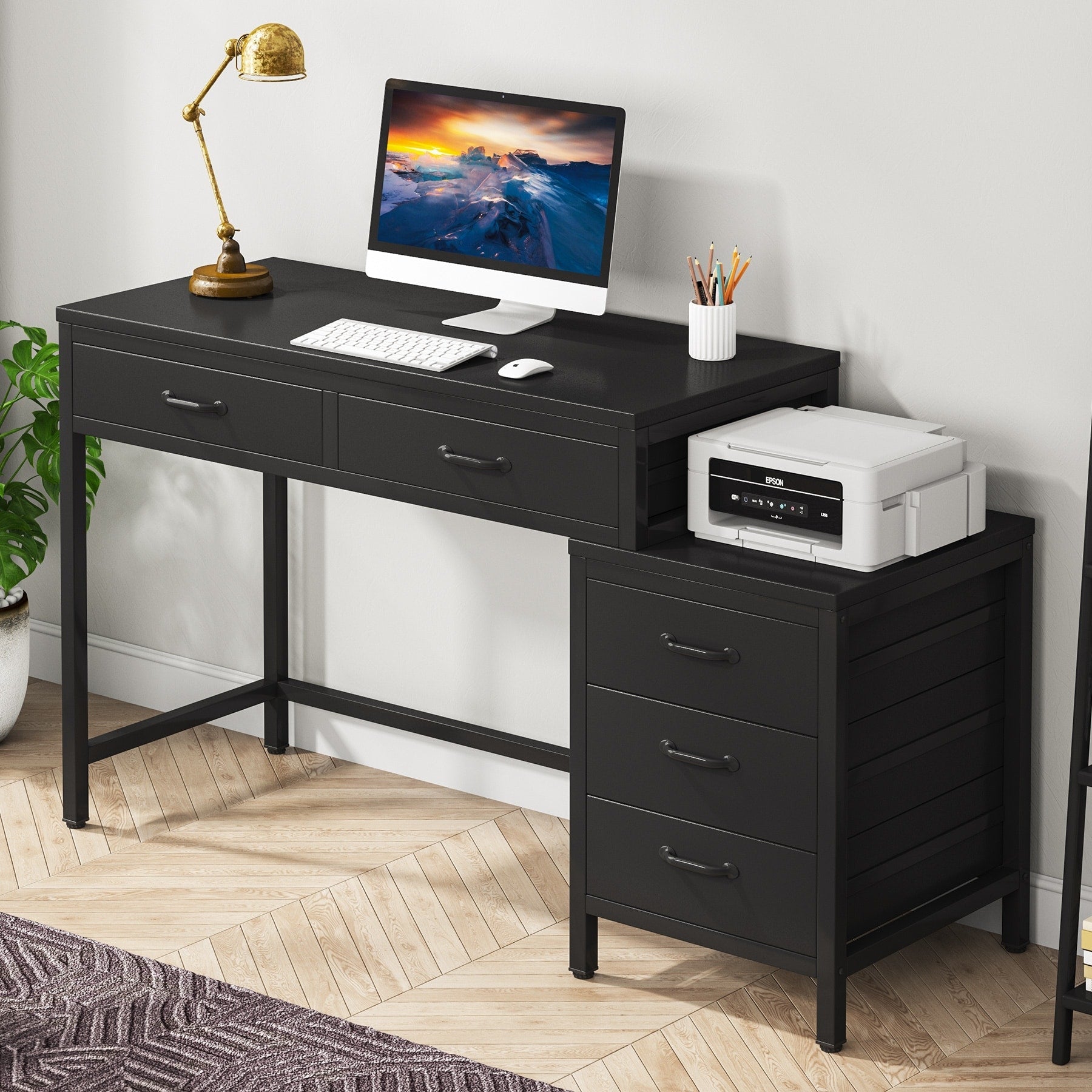 Bureau d'ordinateur réversible avec 5 tiroirs, bureau à domicile avec classeur, tiroir et support d'imprimante