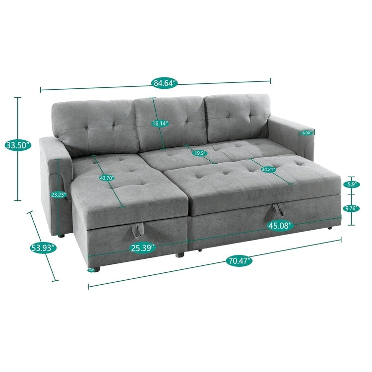 Canapé sectionnel convertible réversible avec lit gigogne, méridienne avec rangement dissimulé et pieds robustes