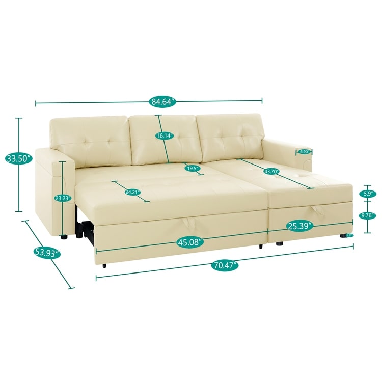 Canapé sectionnel convertible réversible avec lit gigogne, méridienne avec rangement dissimulé et pieds robustes