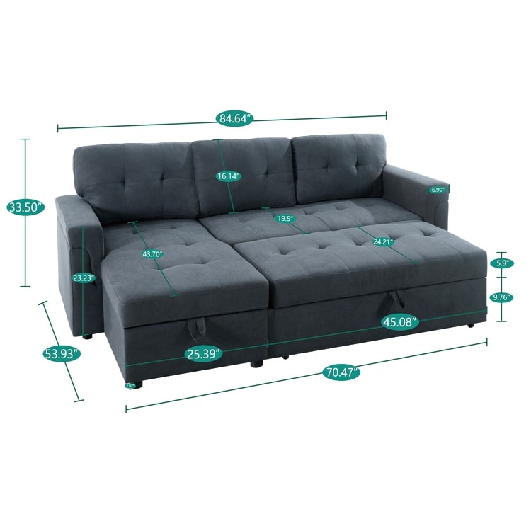 Canapé sectionnel convertible réversible avec lit gigogne, méridienne avec rangement dissimulé et pieds robustes