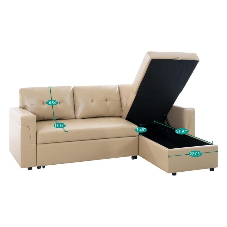 Canapé sectionnel convertible réversible avec lit gigogne, méridienne avec rangement dissimulé et pieds robustes