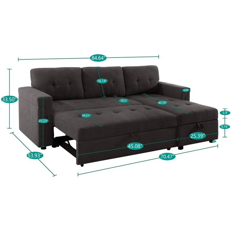 Canapé sectionnel convertible réversible avec lit gigogne, méridienne avec rangement dissimulé et pieds robustes