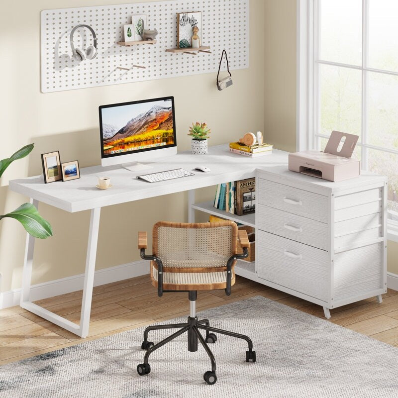 Bureau réversible en L avec tiroirs classeurs, bureau d'angle pour ordinateur