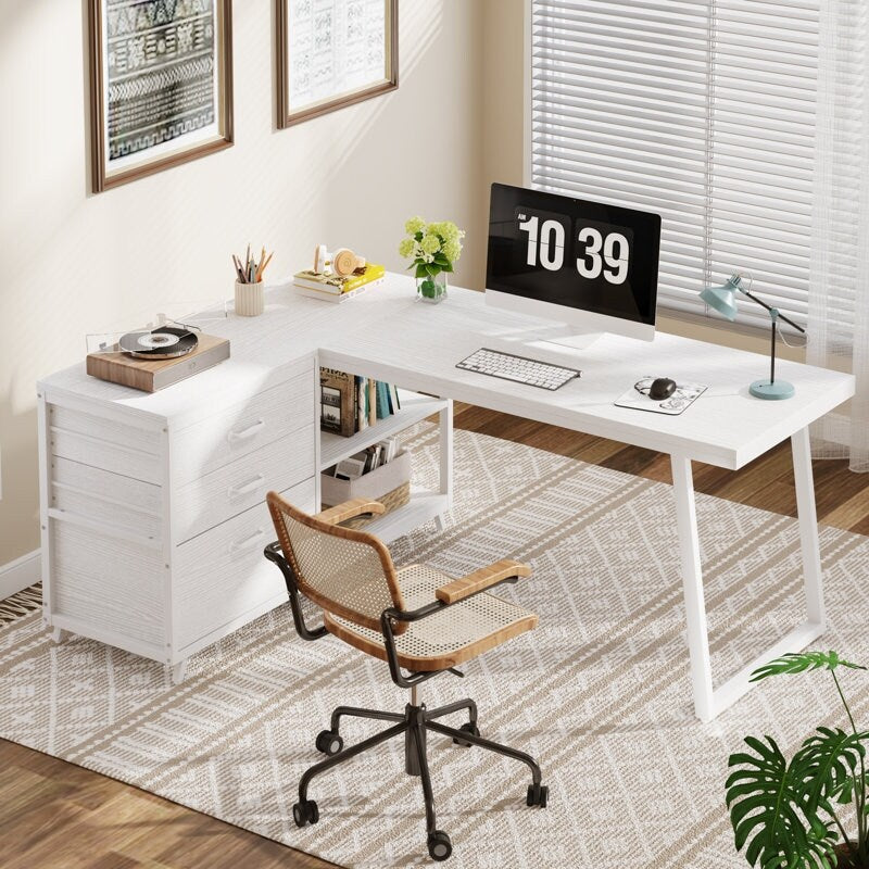Bureau réversible en L avec tiroirs classeurs, bureau d'angle pour ordinateur