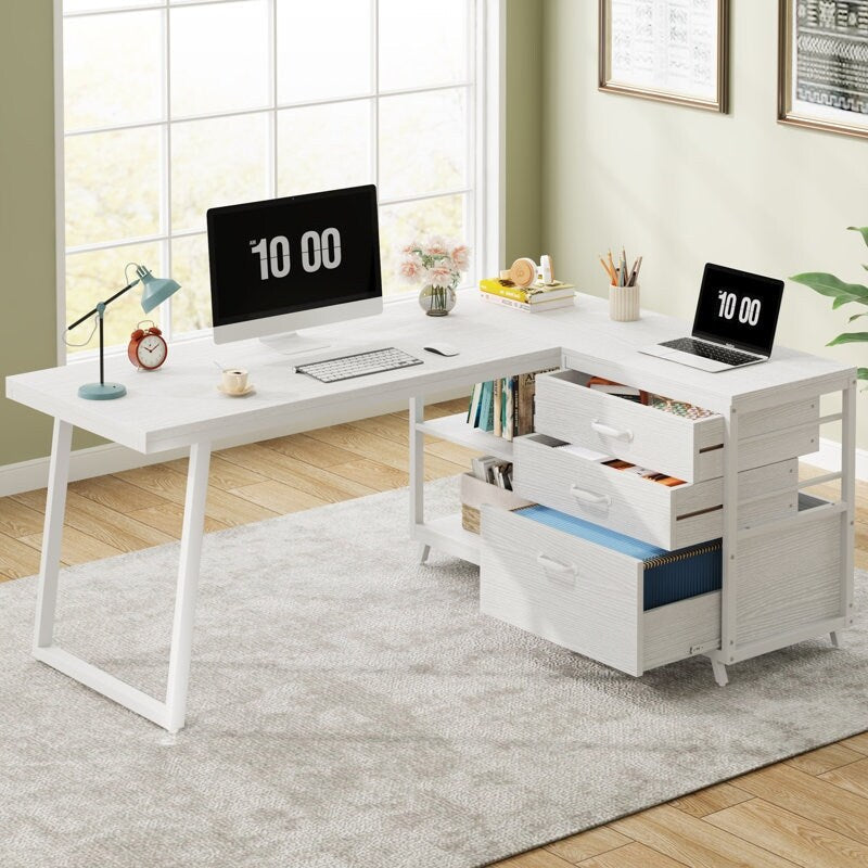 Bureau réversible en L avec tiroirs classeurs, bureau d'angle pour ordinateur