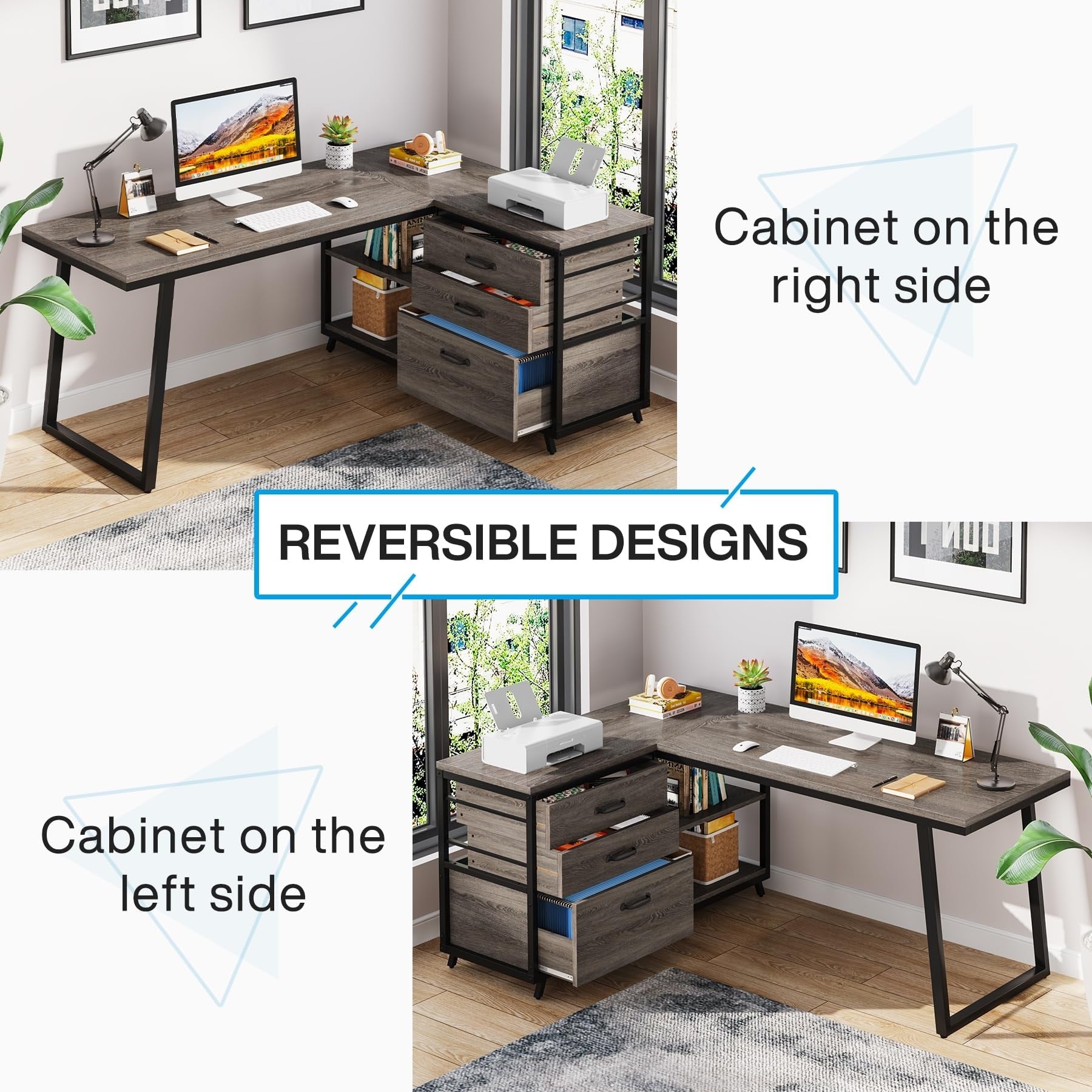 Bureau réversible en L avec tiroirs classeurs, bureau d'angle pour ordinateur