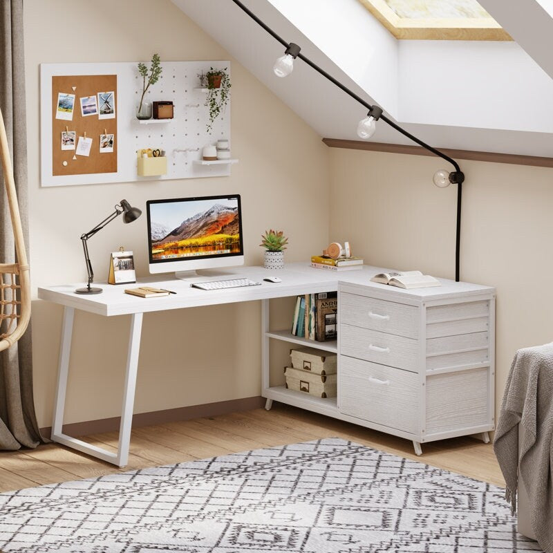 Bureau réversible en L avec tiroirs classeurs, bureau d'angle pour ordinateur