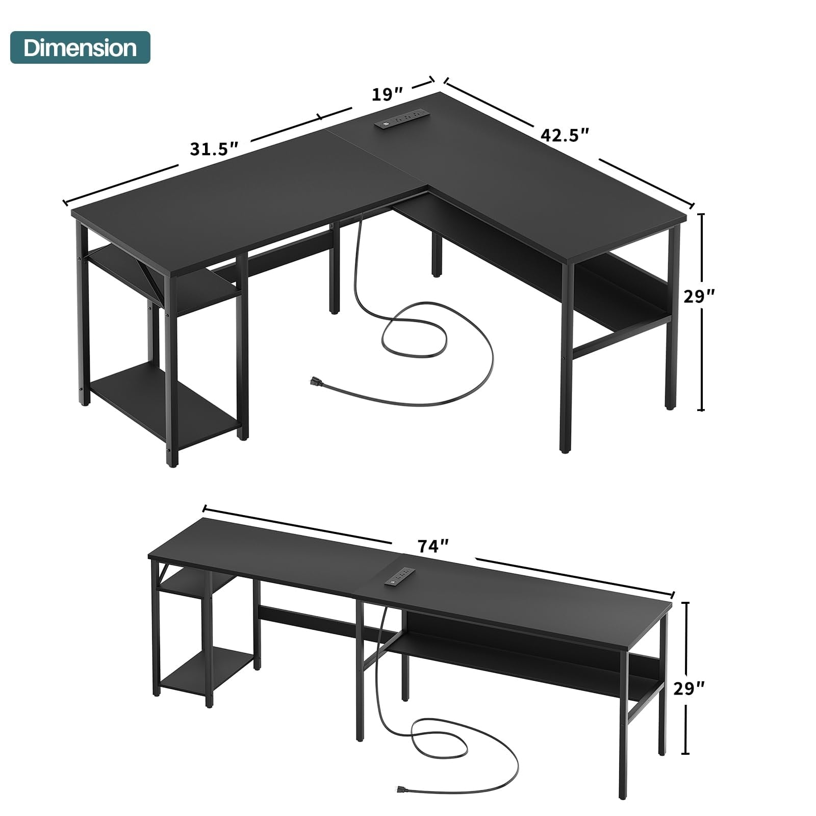 Bureau réversible en L avec étagères de rangement, bureau d'angle pour bureau à domicile avec station de charge