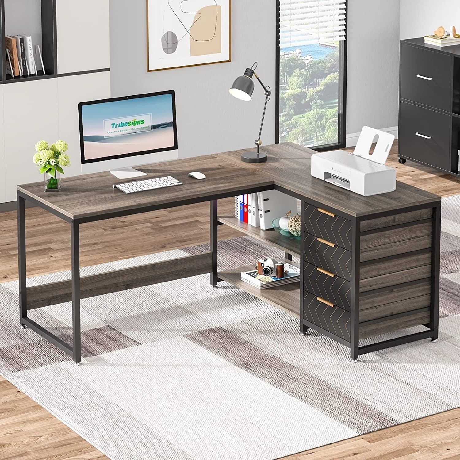 Bureau d'ordinateur réversible en forme de L, table d'écriture robuste, poste de travail