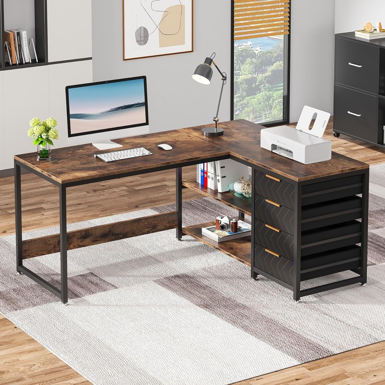 Bureau d'ordinateur réversible en forme de L, table d'écriture robuste, poste de travail