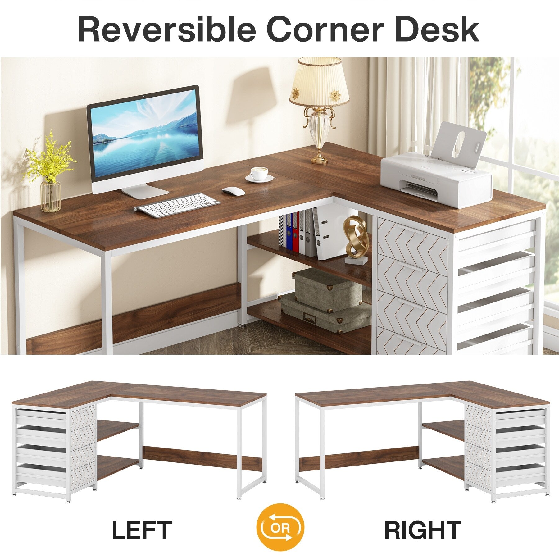 Bureau d'ordinateur réversible en forme de L, table d'écriture robuste, poste de travail