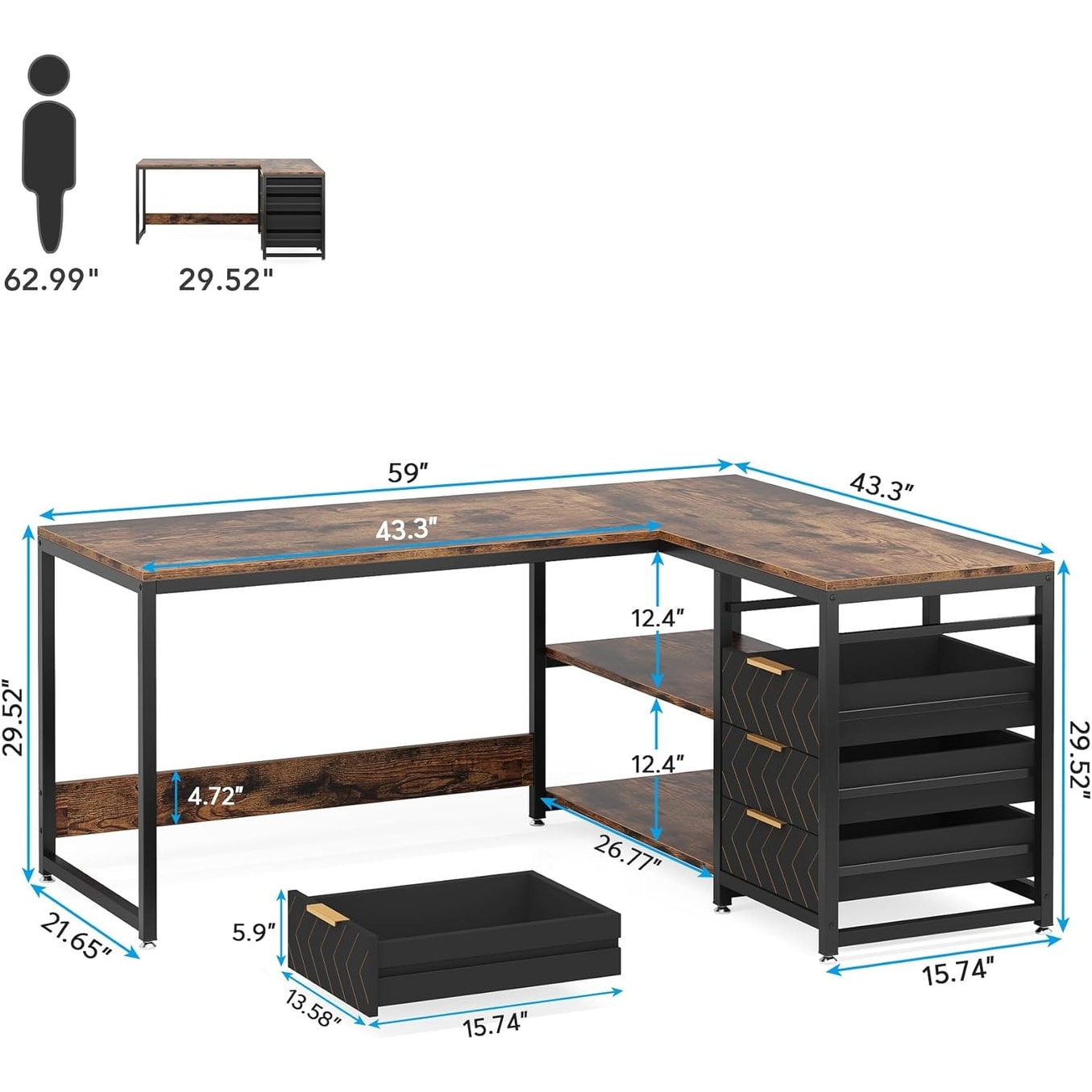 Bureau d'ordinateur réversible en forme de L, table d'écriture robuste, poste de travail
