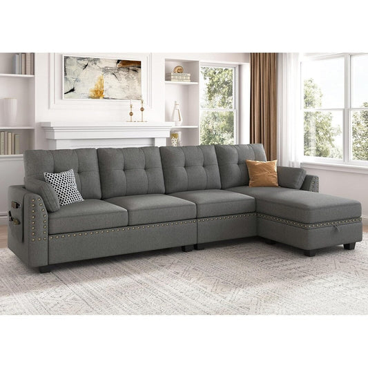 Canapé sectionnel réversible en L, convertible, 4 places, gris foncé