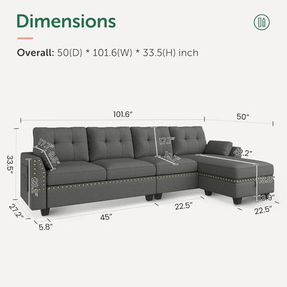 Canapé sectionnel réversible en L, convertible, 4 places, gris foncé
