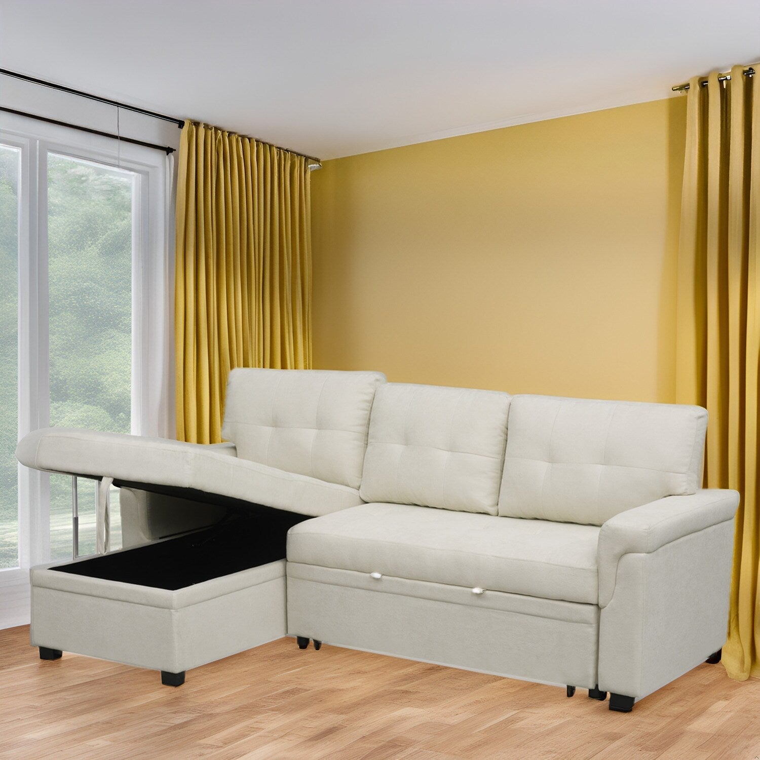 Canapé sectionnel réversible avec lit gigogne, méridienne de rangement dissimulée, pieds durables,