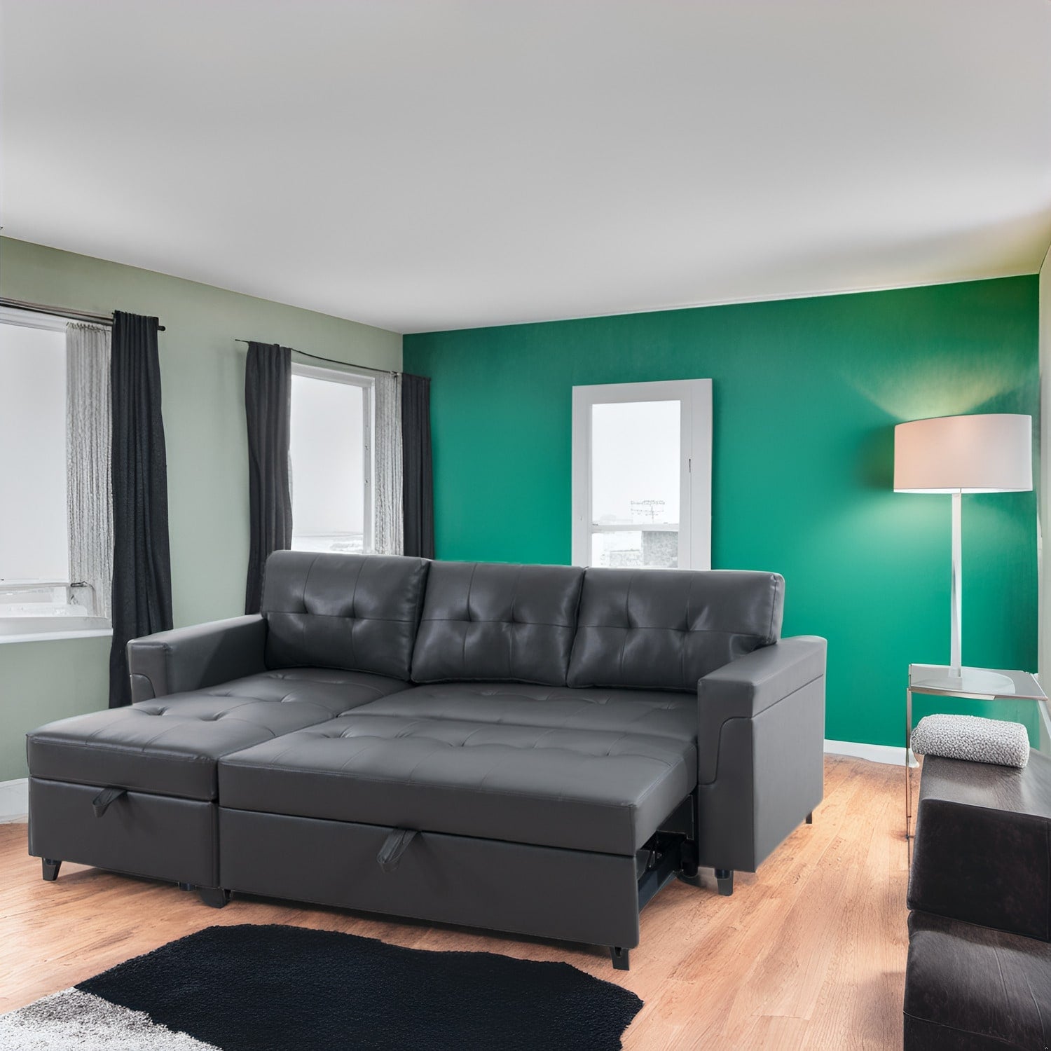 Canapé sectionnel réversible avec lit gigogne, méridienne de rangement dissimulée, pieds durables,