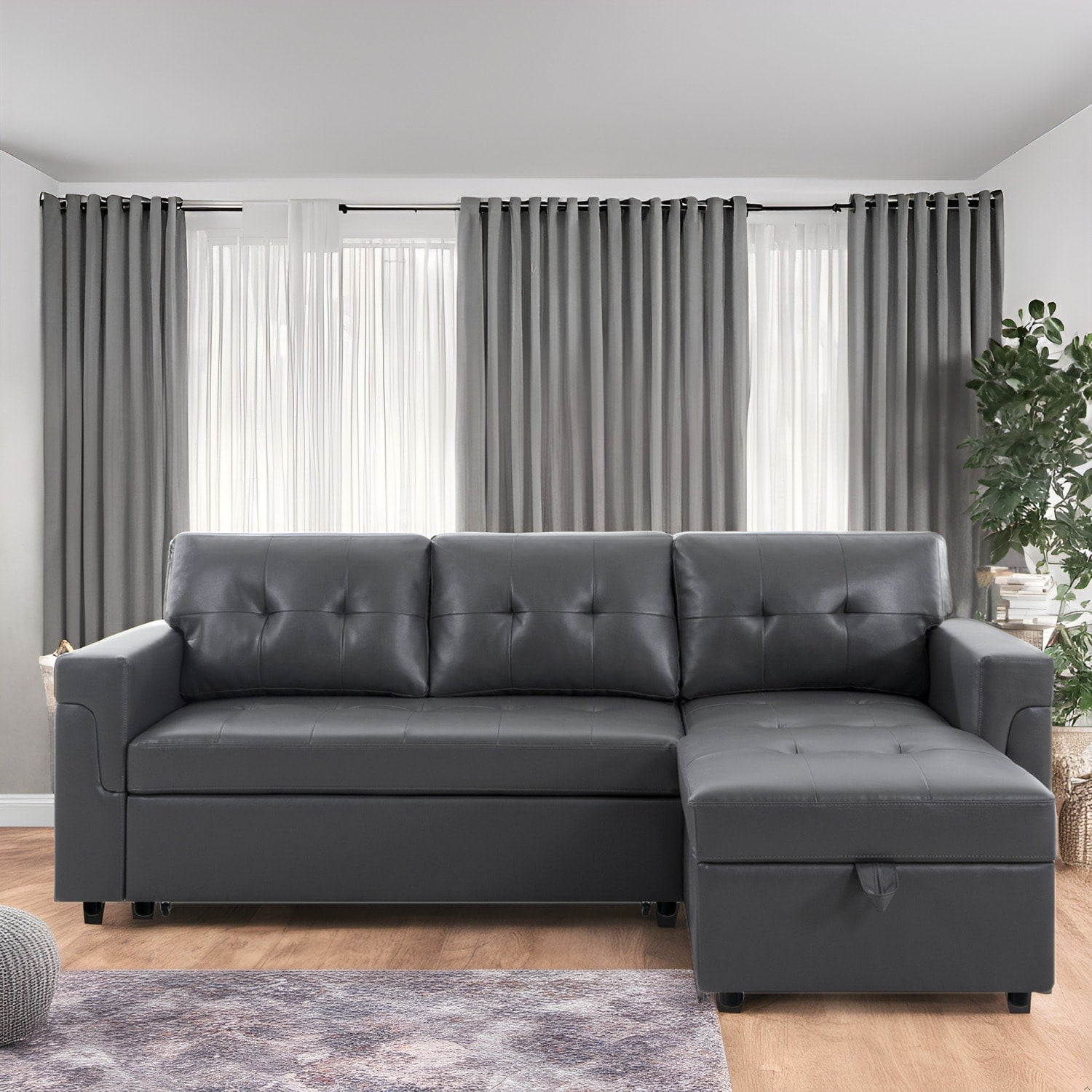 Canapé sectionnel réversible avec lit gigogne, méridienne de rangement dissimulée, pieds durables,