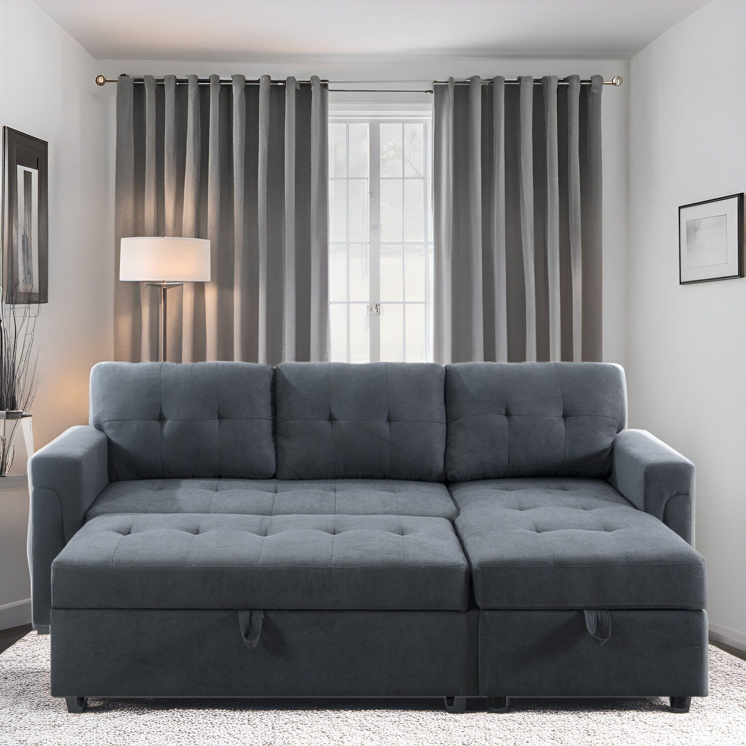 Canapé sectionnel réversible avec lit gigogne, méridienne de rangement dissimulée, pieds durables,