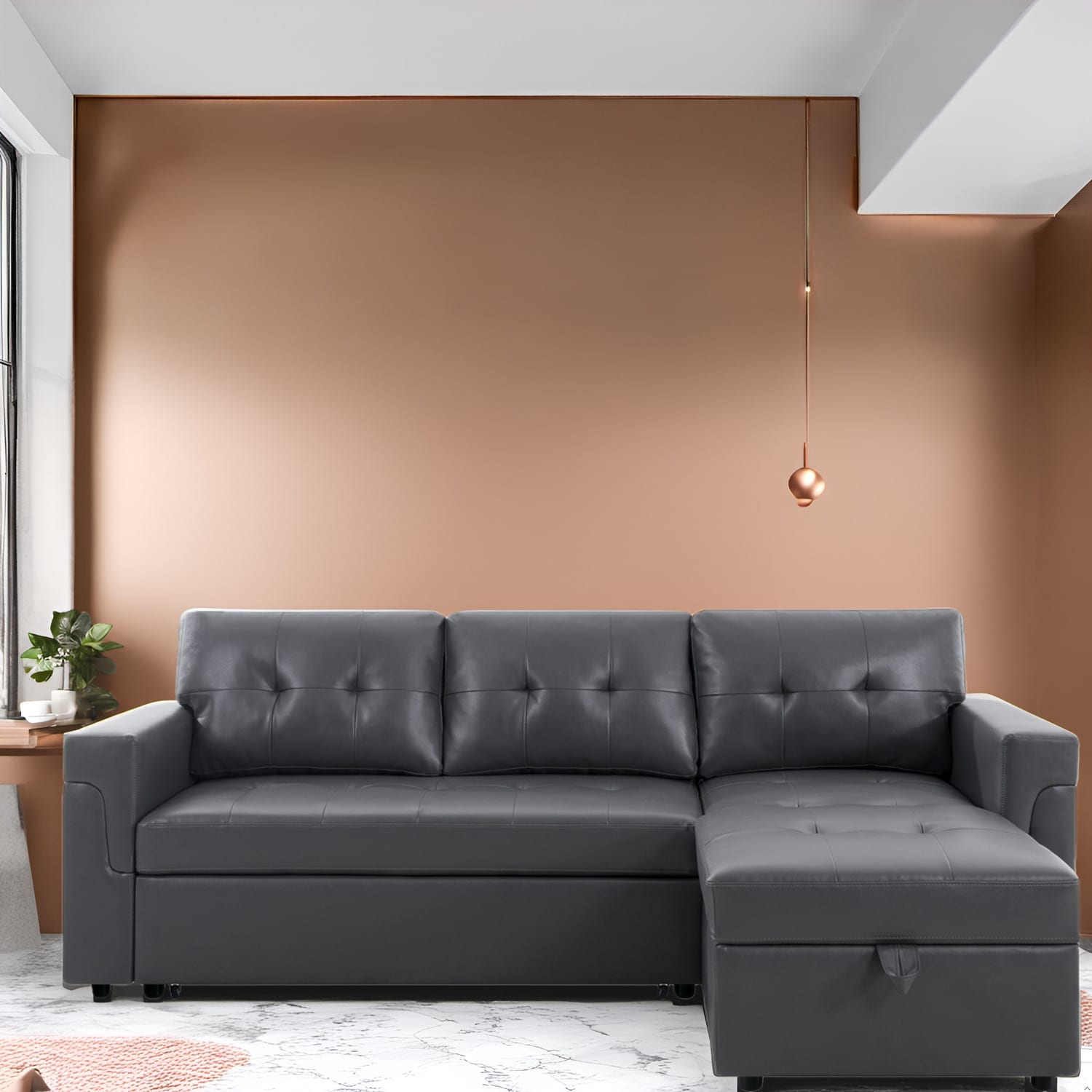 Canapé sectionnel réversible avec lit gigogne, méridienne de rangement dissimulée, pieds durables,