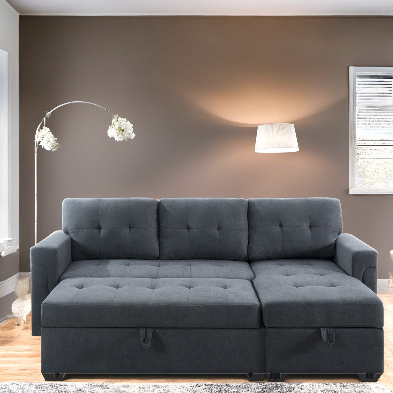 Canapé sectionnel réversible avec lit gigogne, méridienne de rangement dissimulée, pieds durables,
