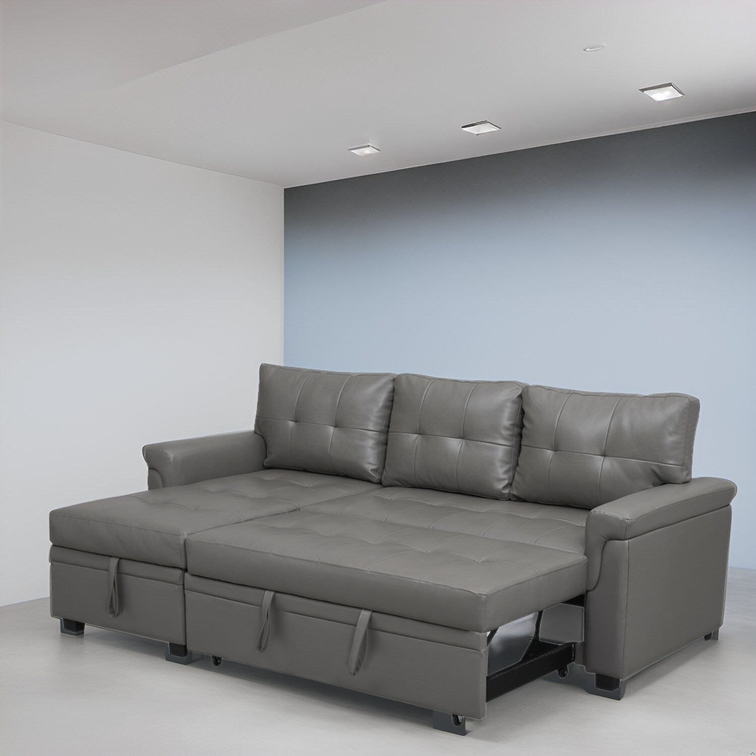 Canapé sectionnel réversible avec lit gigogne, méridienne de rangement dissimulée, pieds durables,
