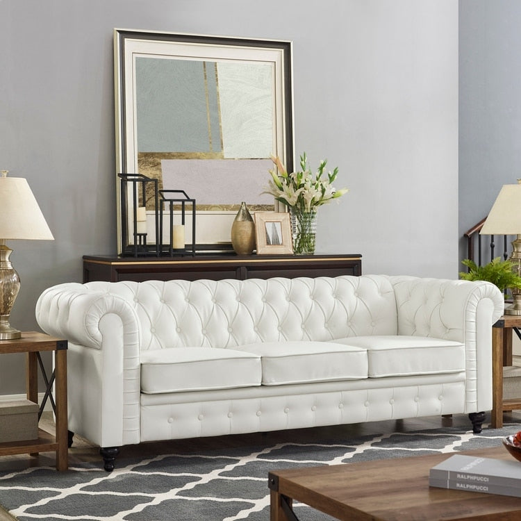 Canapé élégant combiné : canapé Chesterfield avec accoudoirs roulés et accoudoirs évasés capitonnés en microfibre pour petits espaces