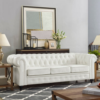 Canapé élégant combiné : canapé Chesterfield avec accoudoirs roulés et accoudoirs évasés capitonnés en microfibre pour petits espaces