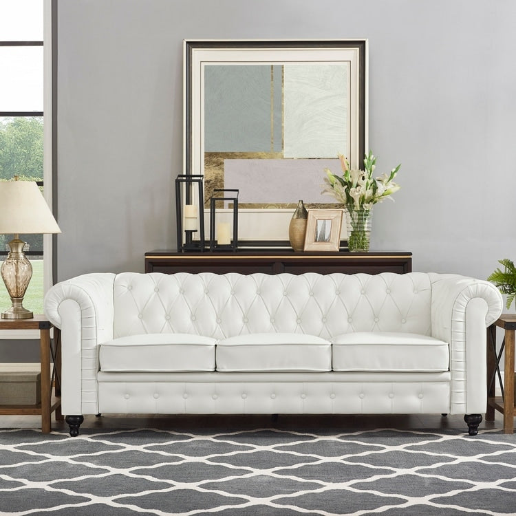 Canapé élégant combiné : canapé Chesterfield avec accoudoirs roulés et accoudoirs évasés capitonnés en microfibre pour petits espaces