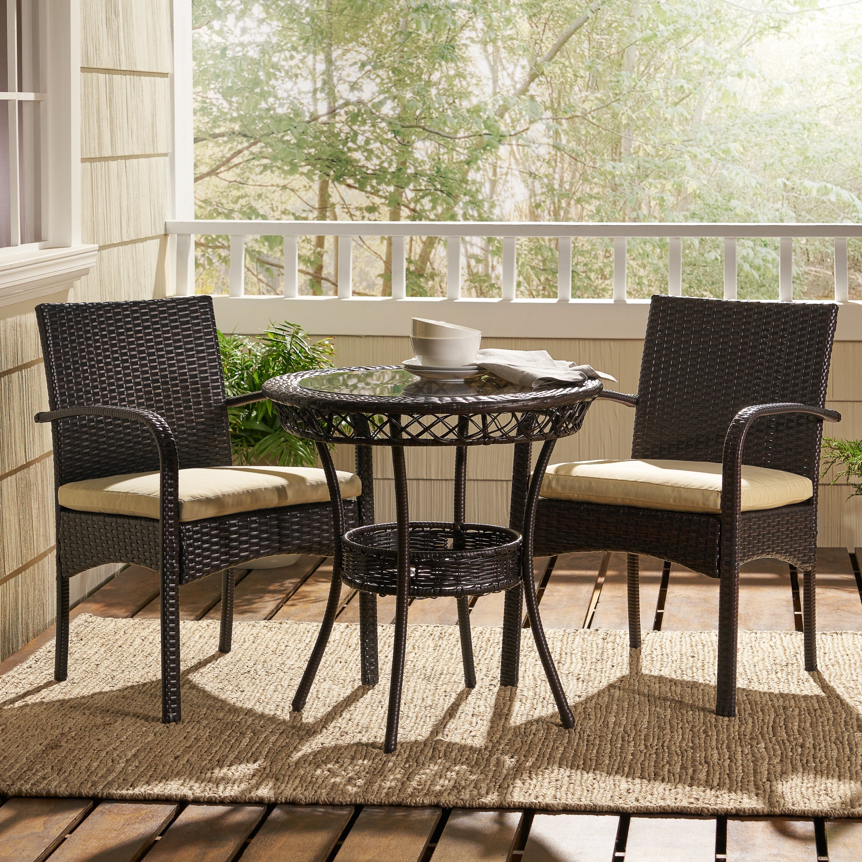 Ensemble bistrot d'extérieur Ridley 3 pièces en osier avec coussins par Christopher Knight Home - N/A