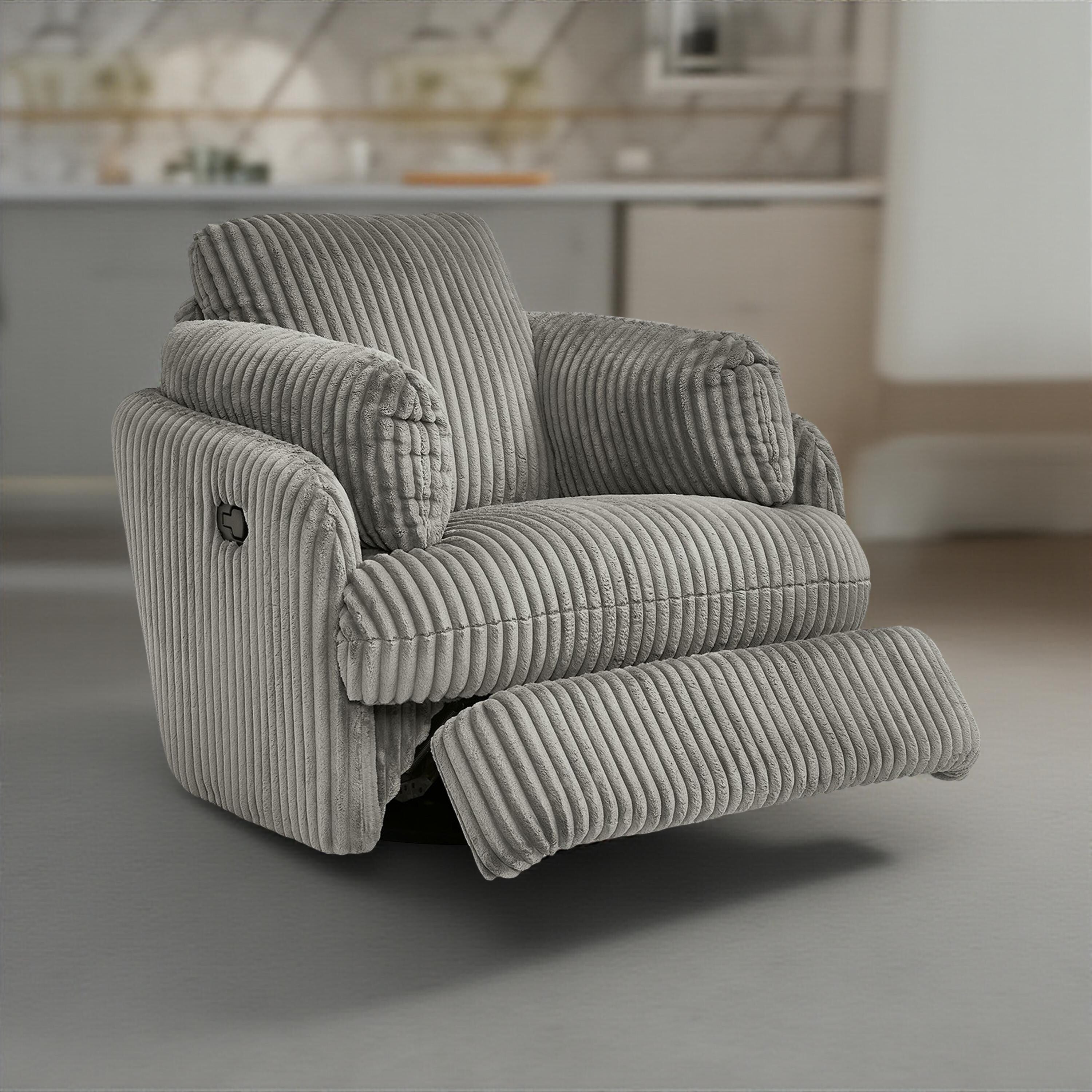 Fauteuil inclinable manuel pivotant Rikki, velours côtelé gris, 2 coussins