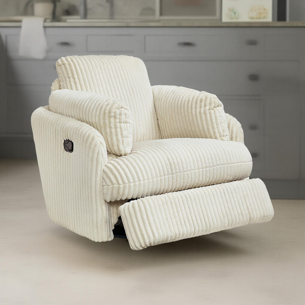 Fauteuil inclinable manuel pivotant Rikki, velours côtelé ivoire, 2 coussins