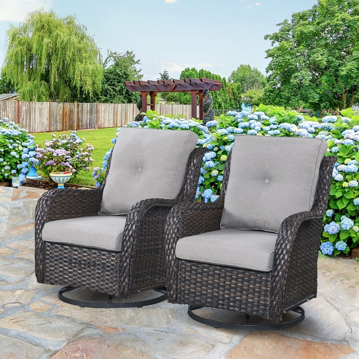 Ensemble de mobilier d'extérieur Pocassy 5 pièces, chaises pivotantes avec poufs