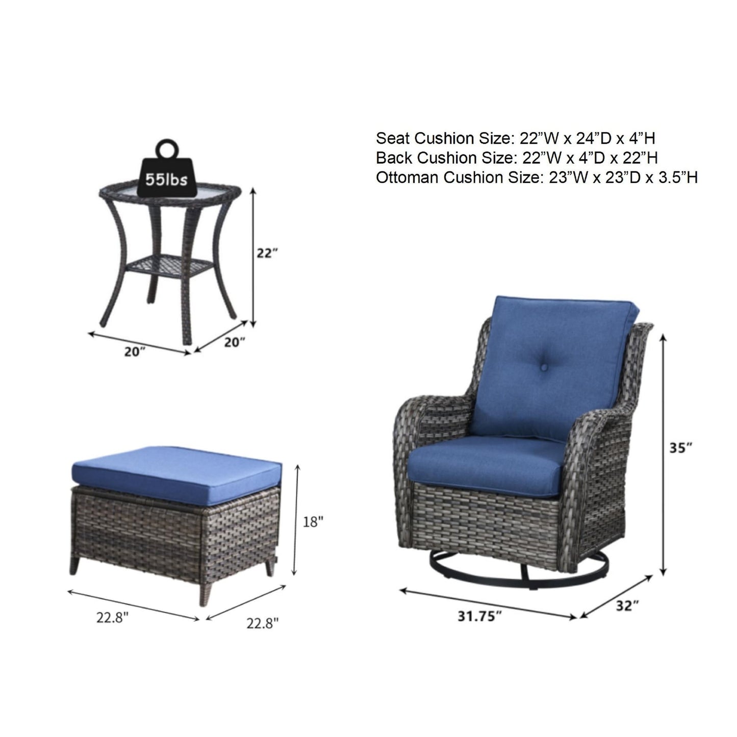 Ensemble de mobilier d'extérieur Pocassy 5 pièces, chaises pivotantes avec poufs