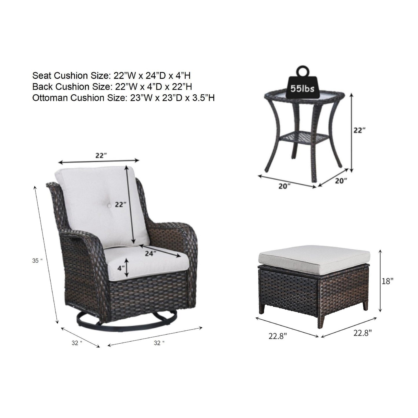 Ensemble de mobilier d'extérieur Pocassy 5 pièces, chaises pivotantes avec poufs