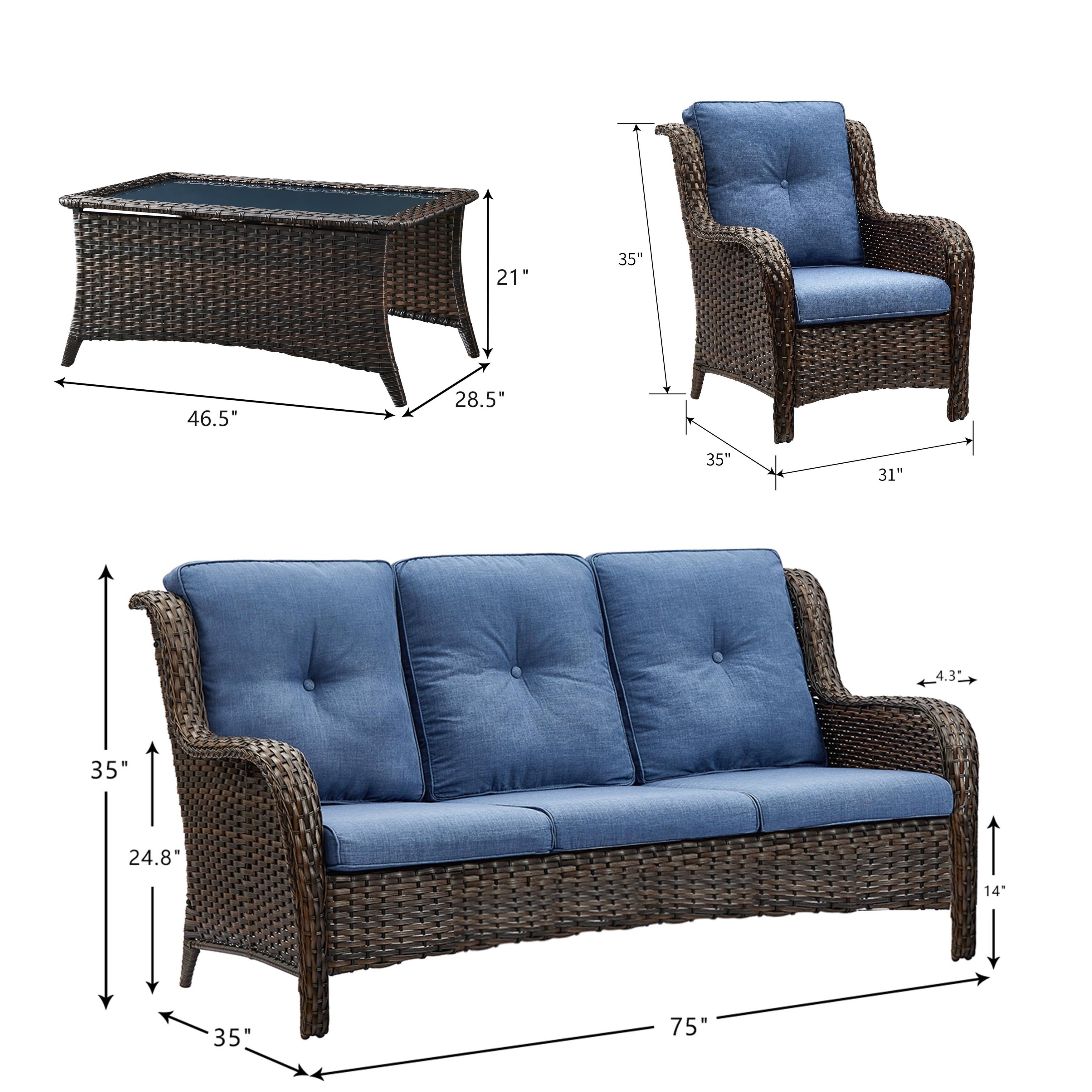 Pocassy Ensemble de 4 chaises de jardin avec canapé et table basse