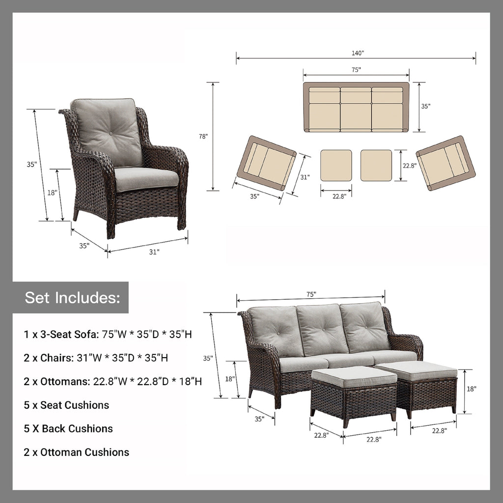Ensemble de meubles de patio Pocassy 5 pièces avec poufs