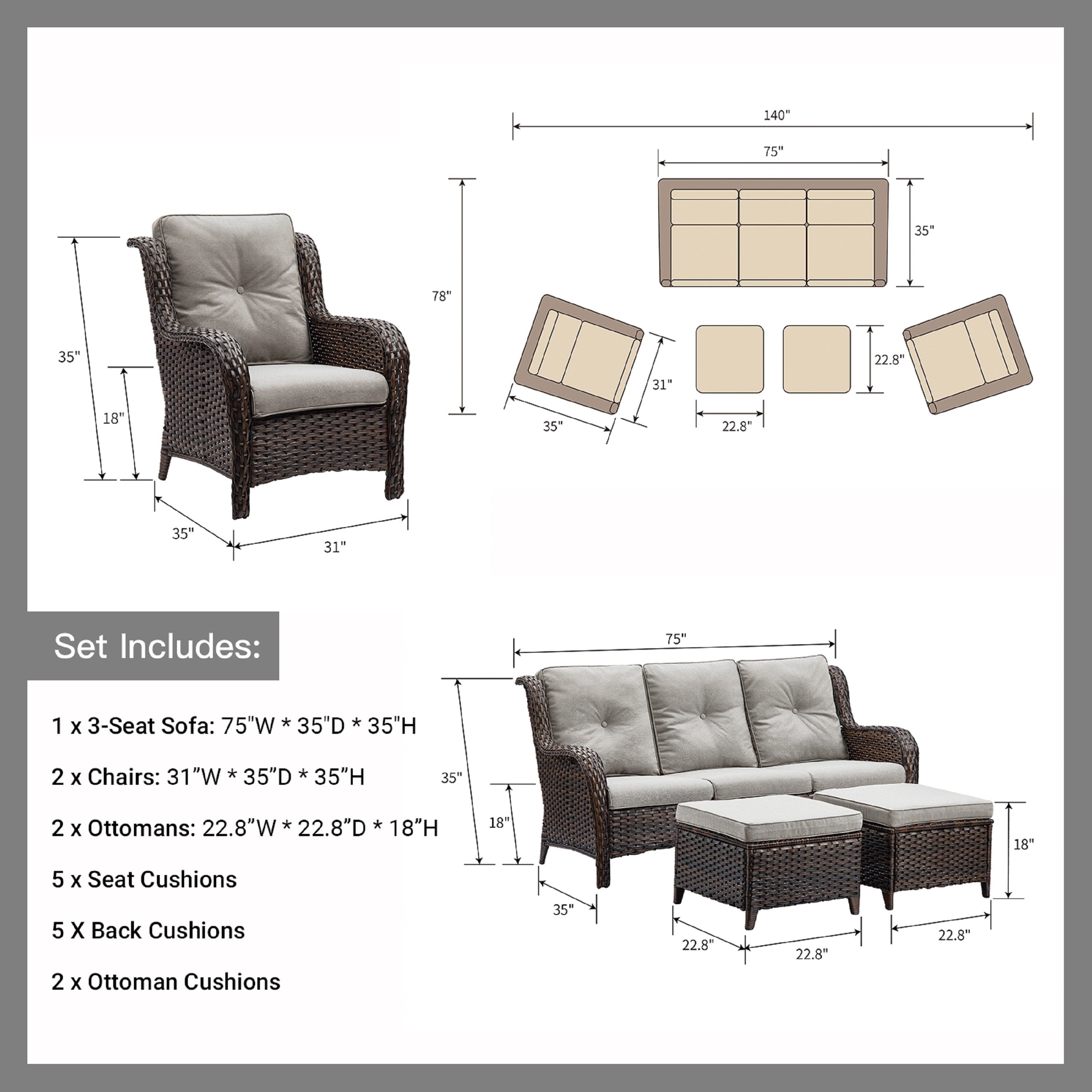 Ensemble de meubles de patio Pocassy 5 pièces avec poufs