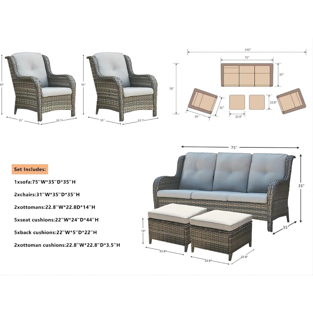Ensemble de meubles de patio Pocassy 5 pièces avec poufs