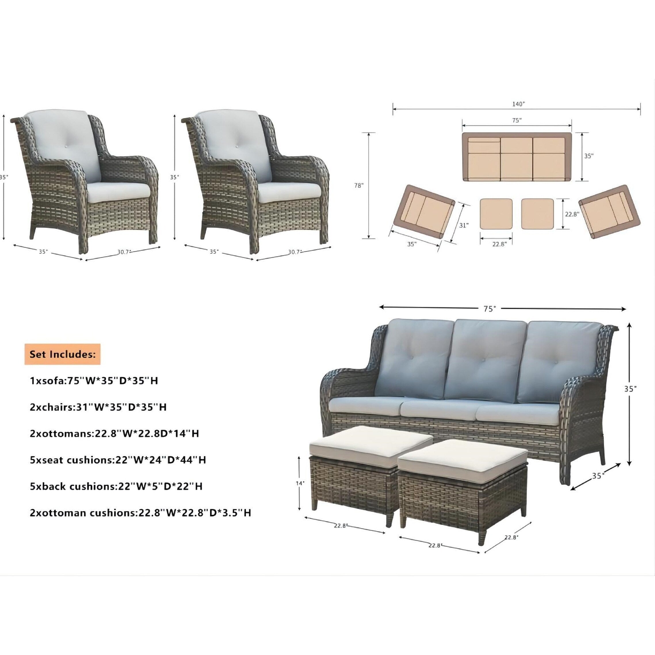 Ensemble de meubles de patio Pocassy 5 pièces avec poufs