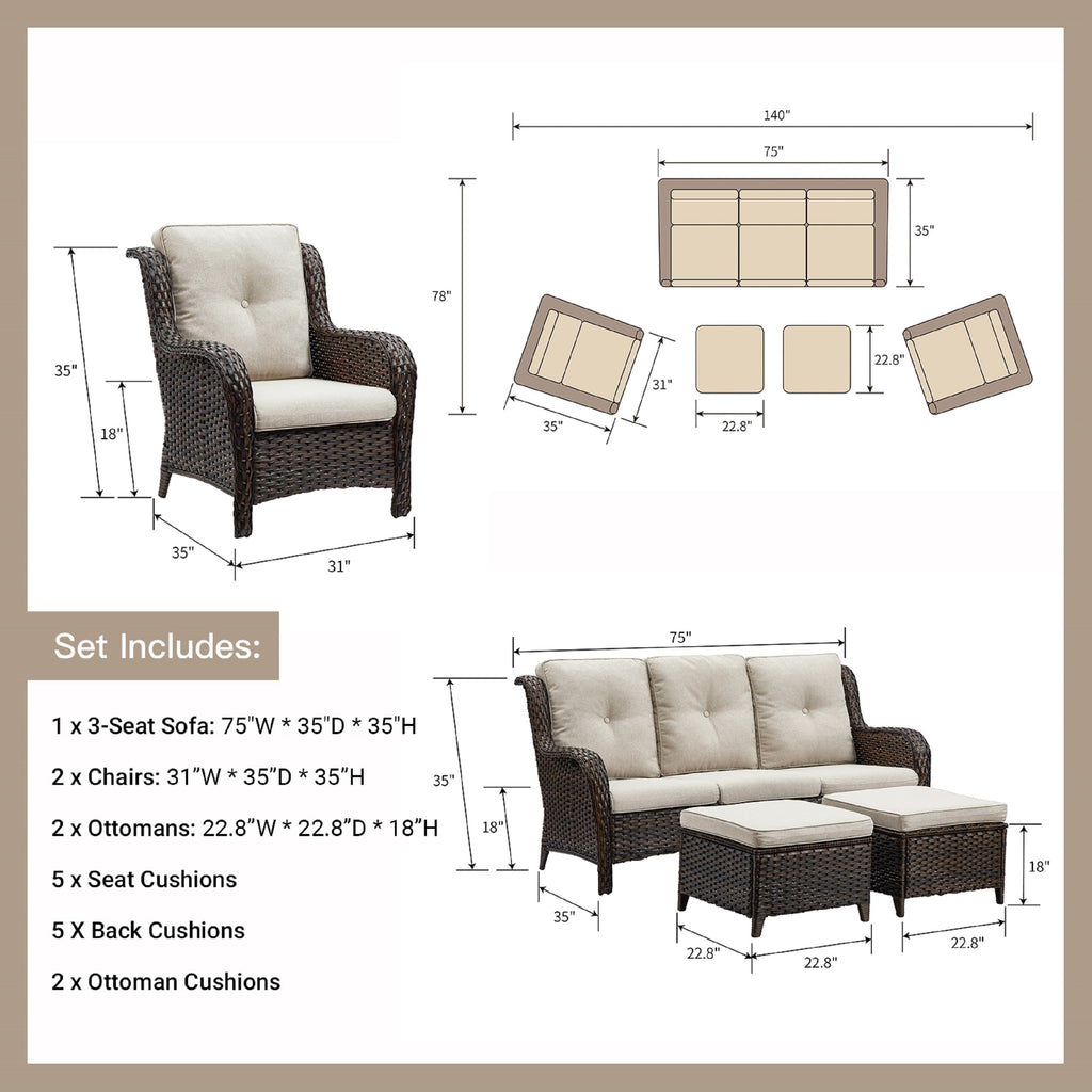 Ensemble de meubles de patio Pocassy 5 pièces avec poufs