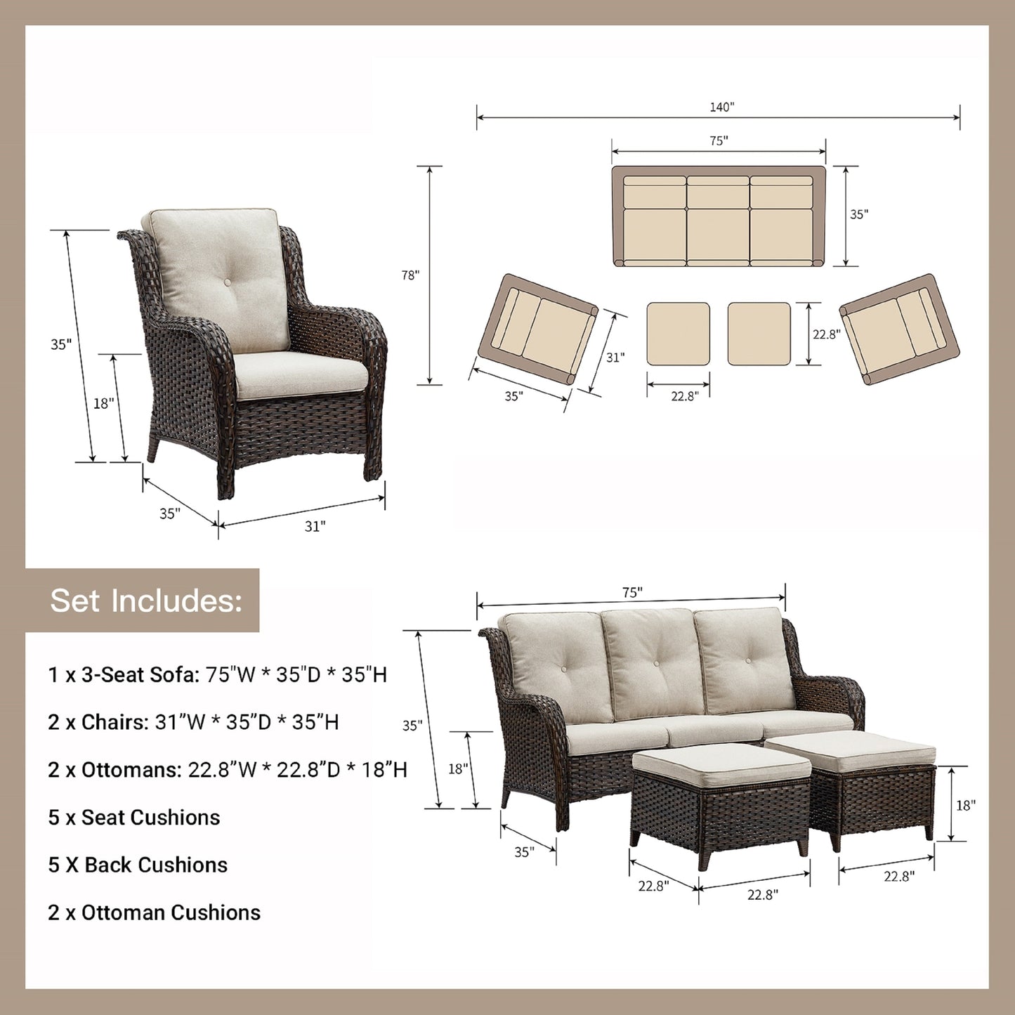 Ensemble de meubles de patio Pocassy 5 pièces avec poufs