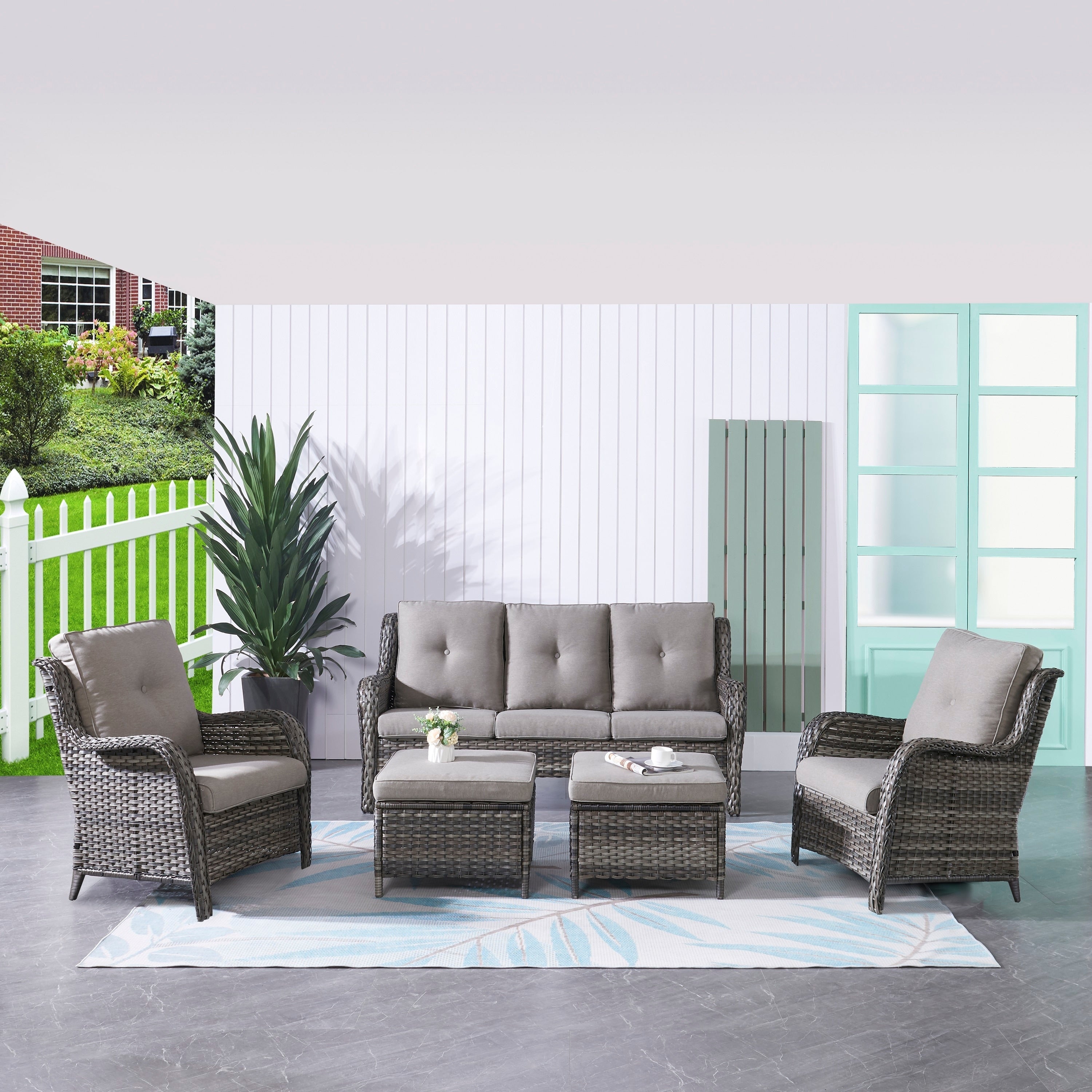 Ensemble de meubles de patio Pocassy 5 pièces avec poufs
