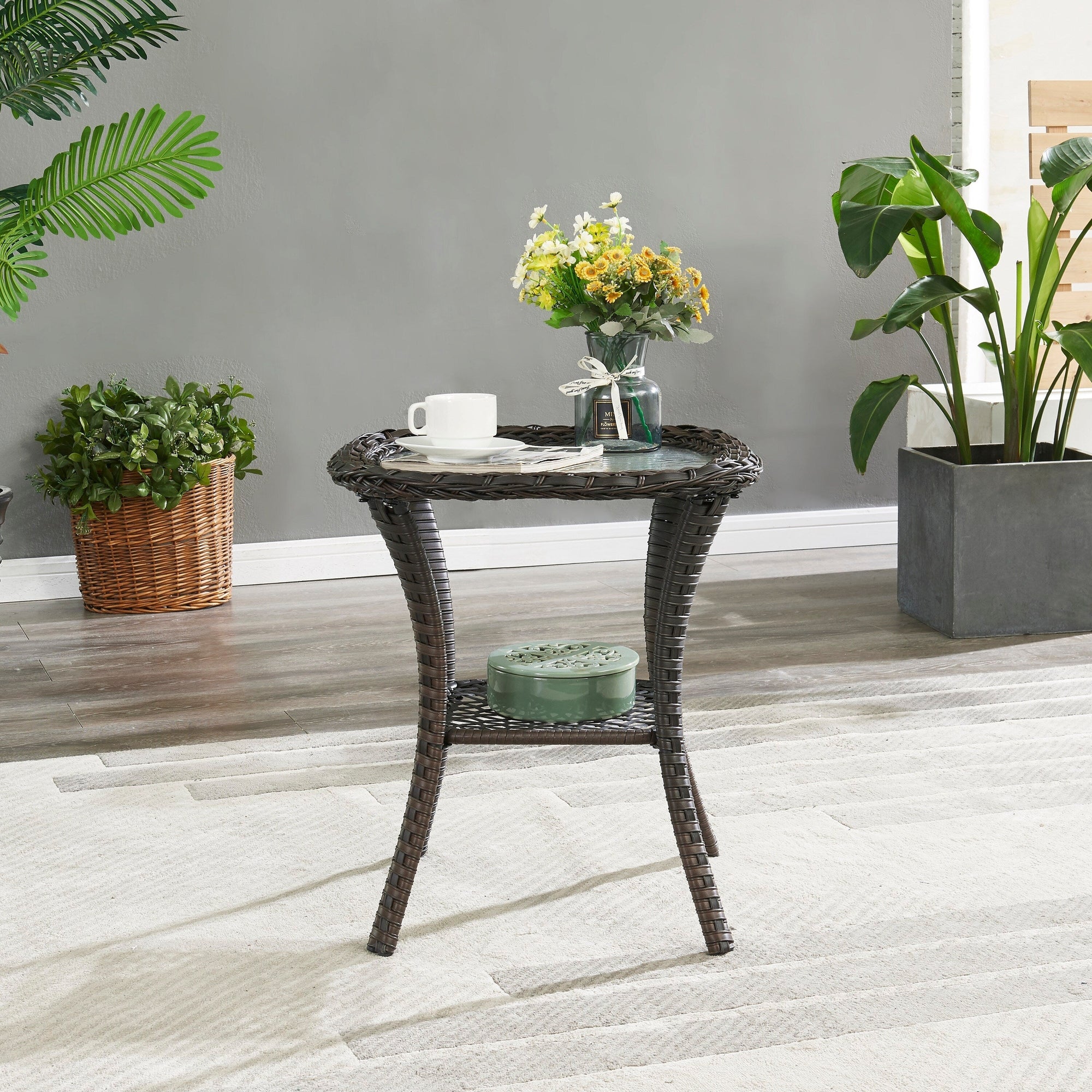 Pocassy Patio Wicker Coffee Table, Outdoor Rattan Side Table - 20X20