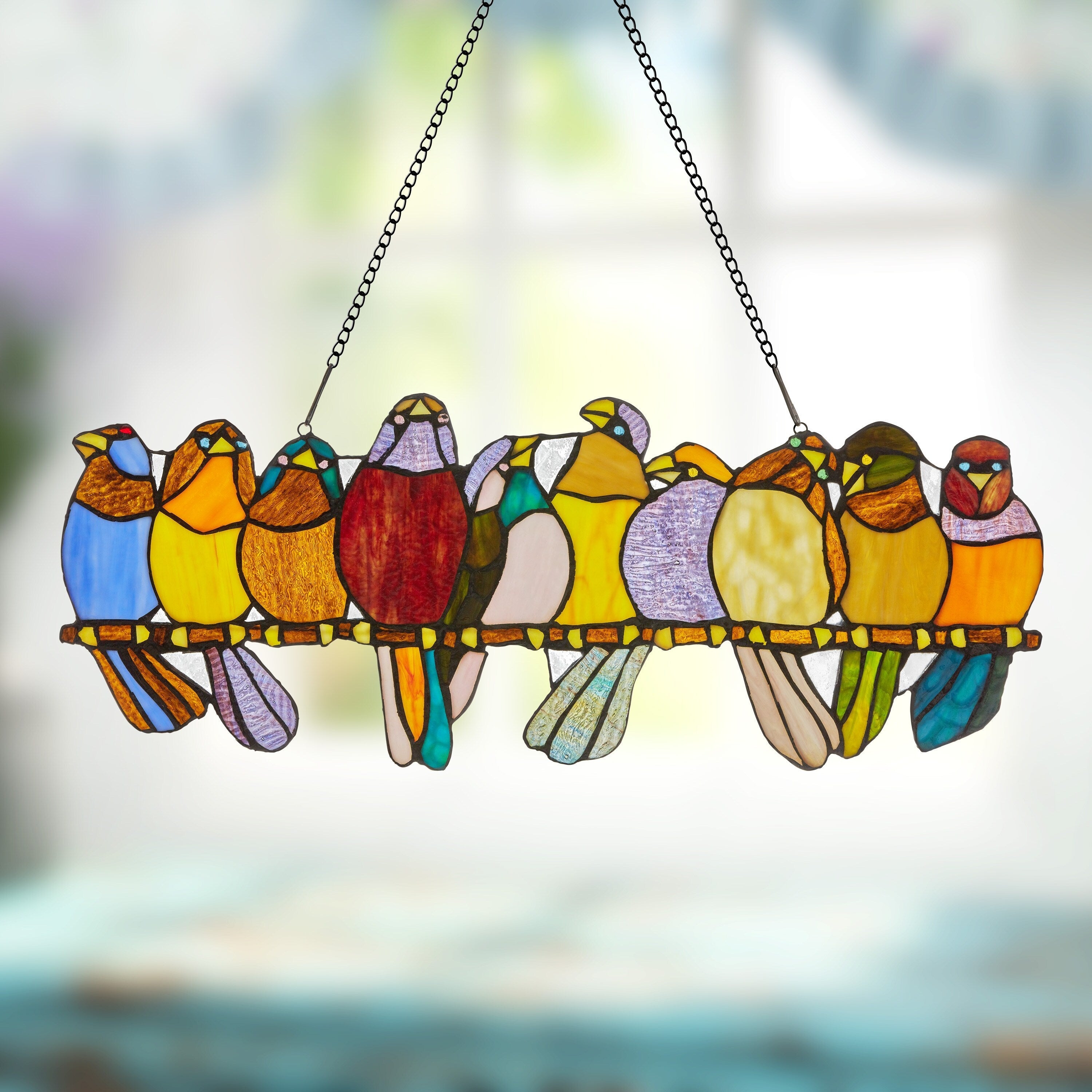 Vitrail « Rivière de marchandises » Oiseaux sur fil de fer, 9,25 po, panneau de fenêtre – 24,25 L x 0,25 l x 9,5 H