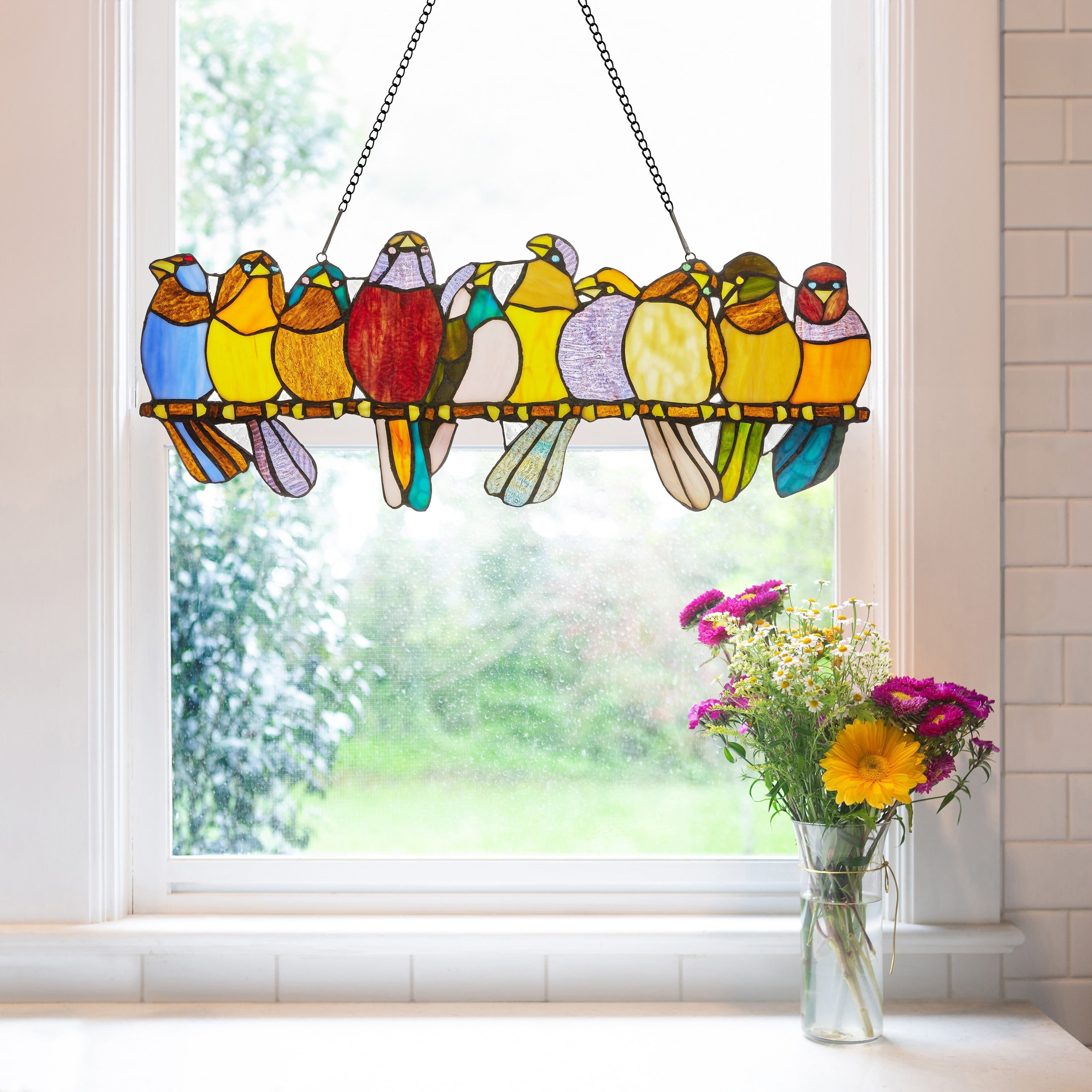 Vitrail « Rivière de marchandises » Oiseaux sur fil de fer, 9,25 po, panneau de fenêtre – 24,25 L x 0,25 l x 9,5 H