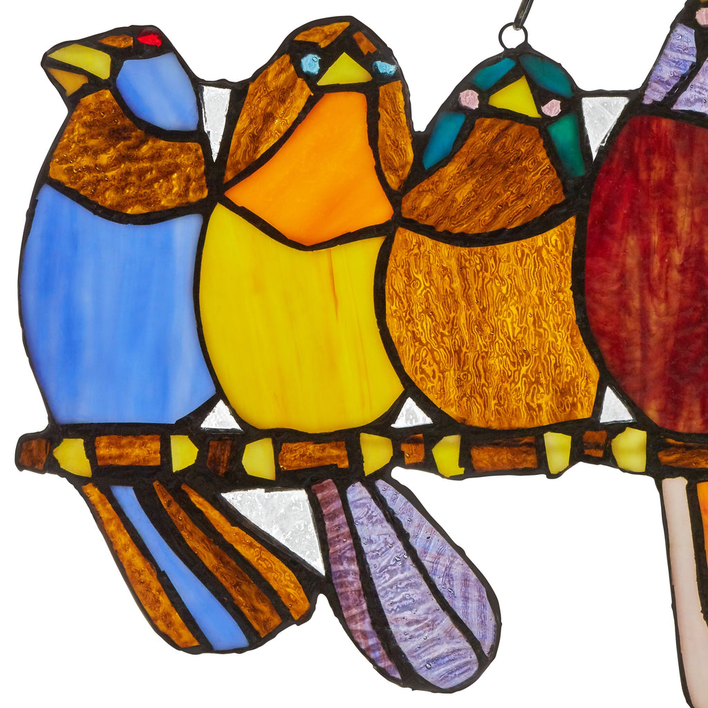 Vitrail « Rivière de marchandises » Oiseaux sur fil de fer, 9,25 po, panneau de fenêtre – 24,25 L x 0,25 l x 9,5 H