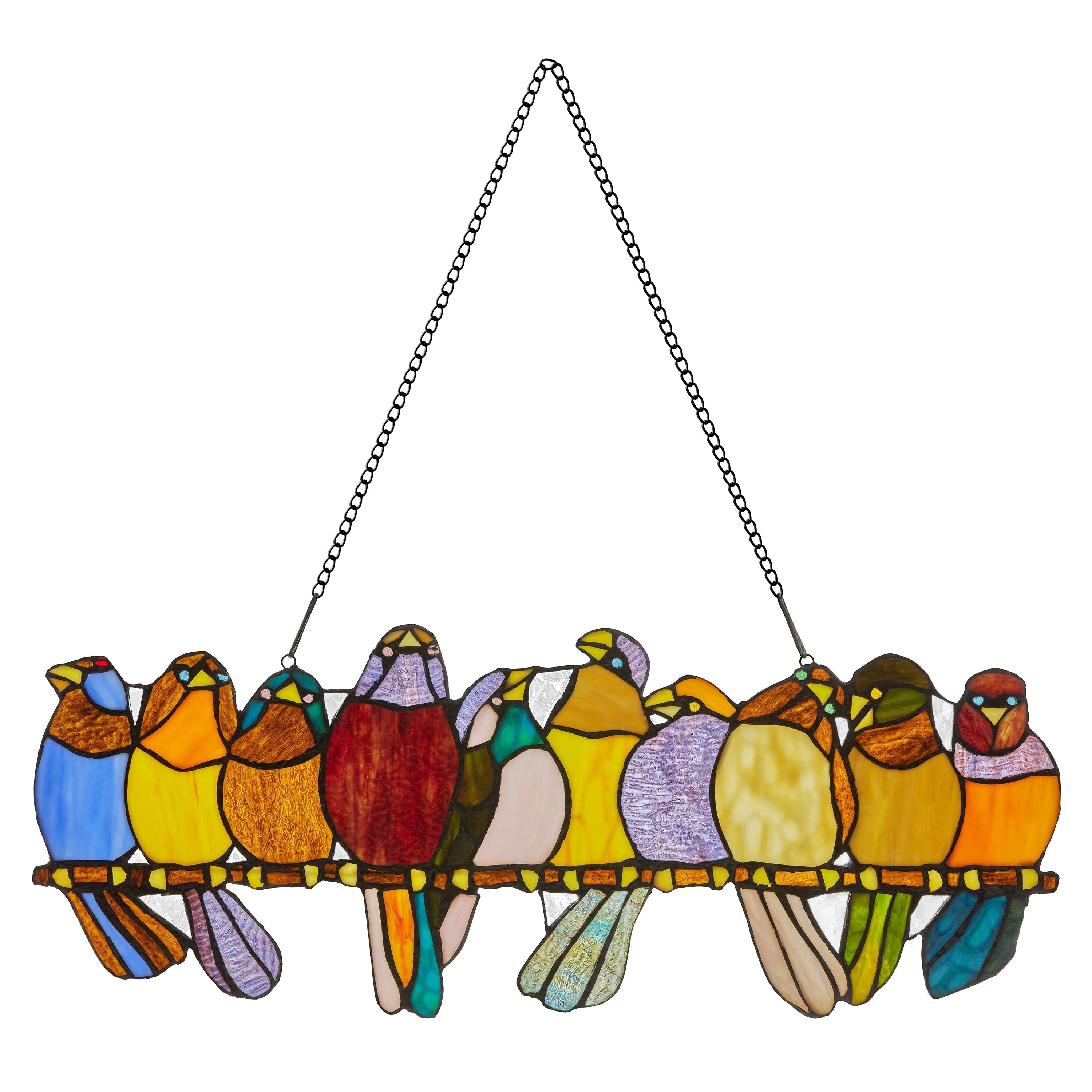 Vitrail « Rivière de marchandises » Oiseaux sur fil de fer, 9,25 po, panneau de fenêtre – 24,25 L x 0,25 l x 9,5 H