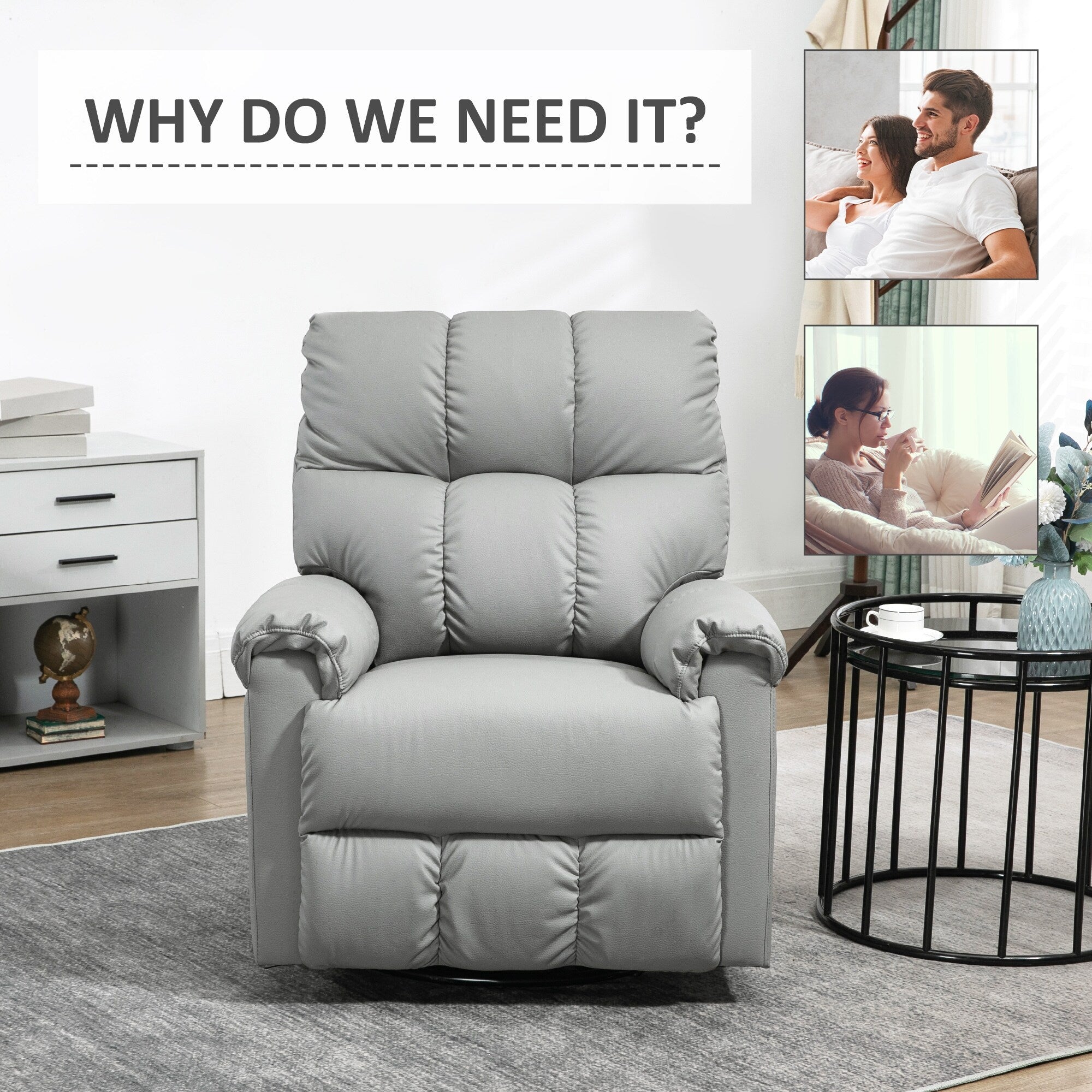 Fauteuil inclinable à bascule avec dossier et siège rembourrés, fauteuil inclinable manuel en cuir avec repose-pieds et base pivotante à 360°